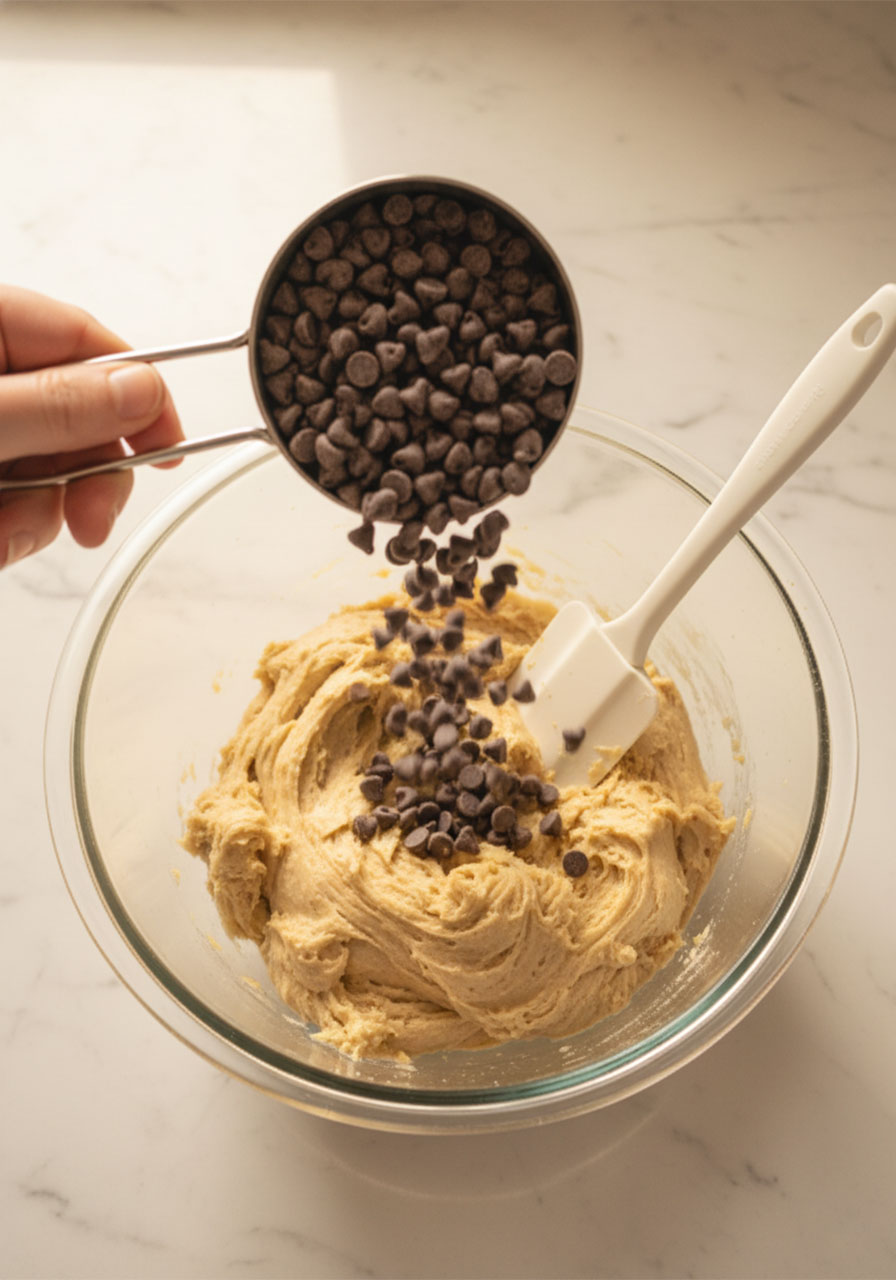 Hand pouring vegan chocolate chips into cookie dough in a glass mixing bowl