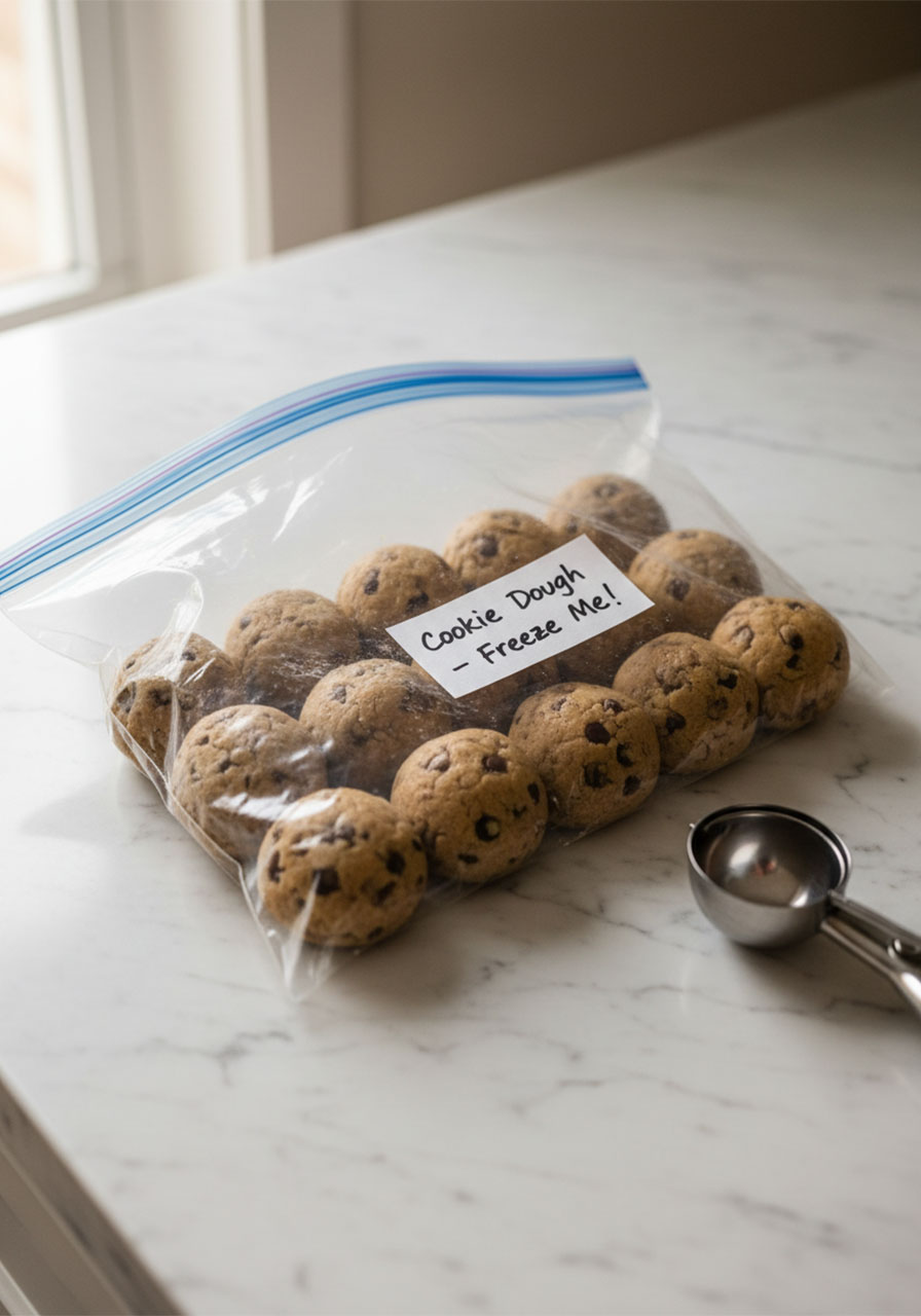 Vegan chocolate chip cookie dough balls stored in a clear zip-lock freezer bag for make-ahead baking