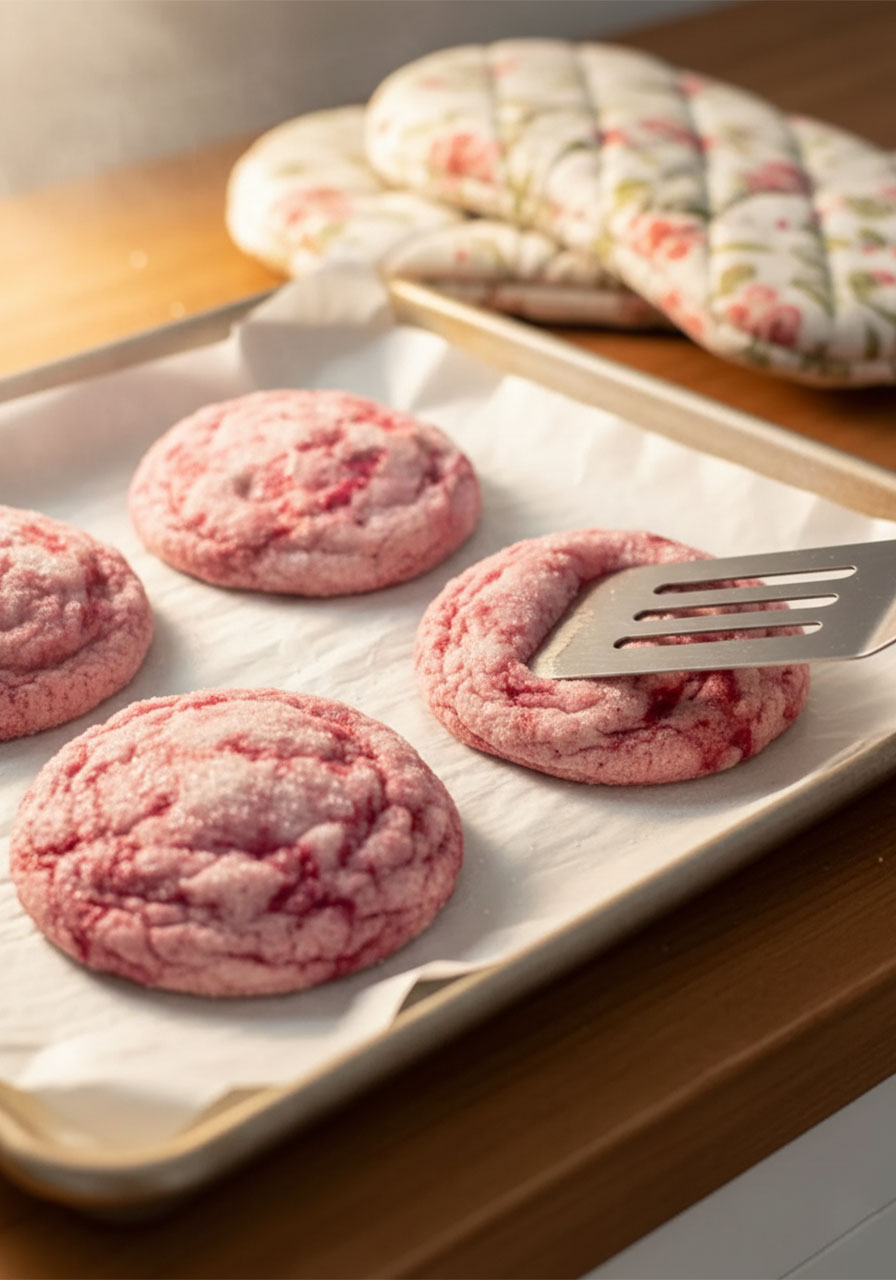 Freshly baked gluten-free raspberry sugar cookies on a parchment-lined baking sheet just out of the oven