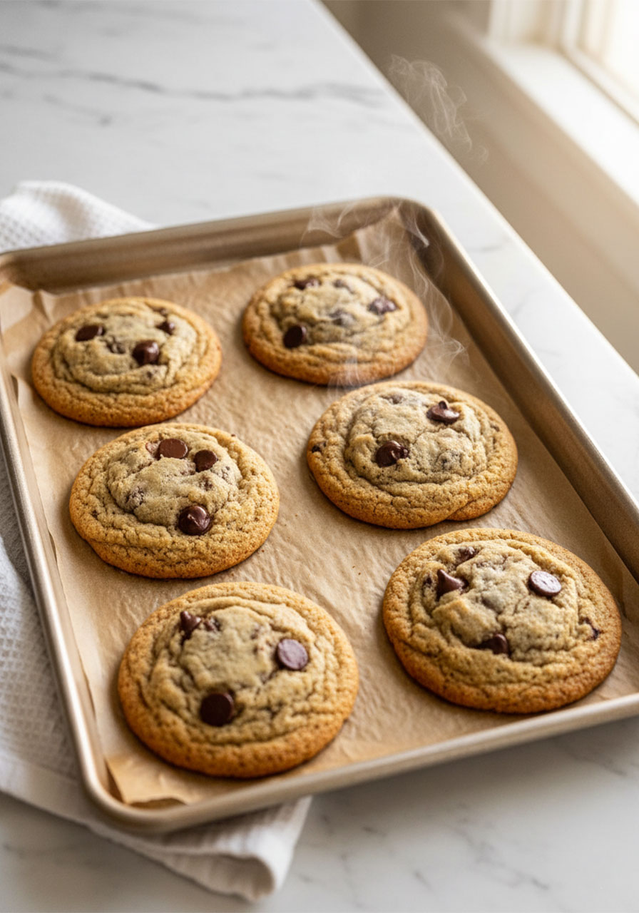 Freshly baked vegan chocolate chip cookies cooling on a parchment-lined baking sheet with golden edges and soft centers