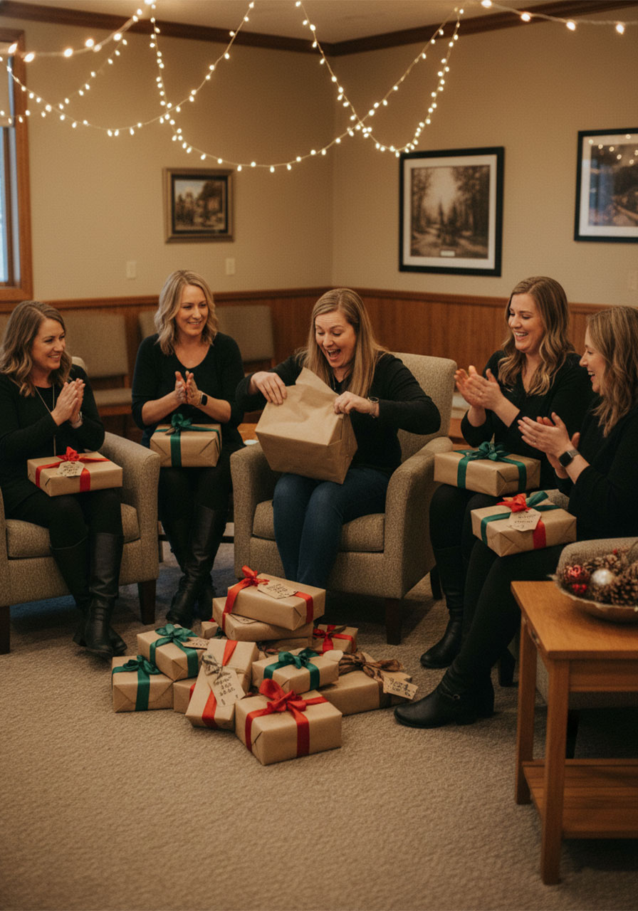 Christian women doing a gift exchange at a church ladies night ministry gathering