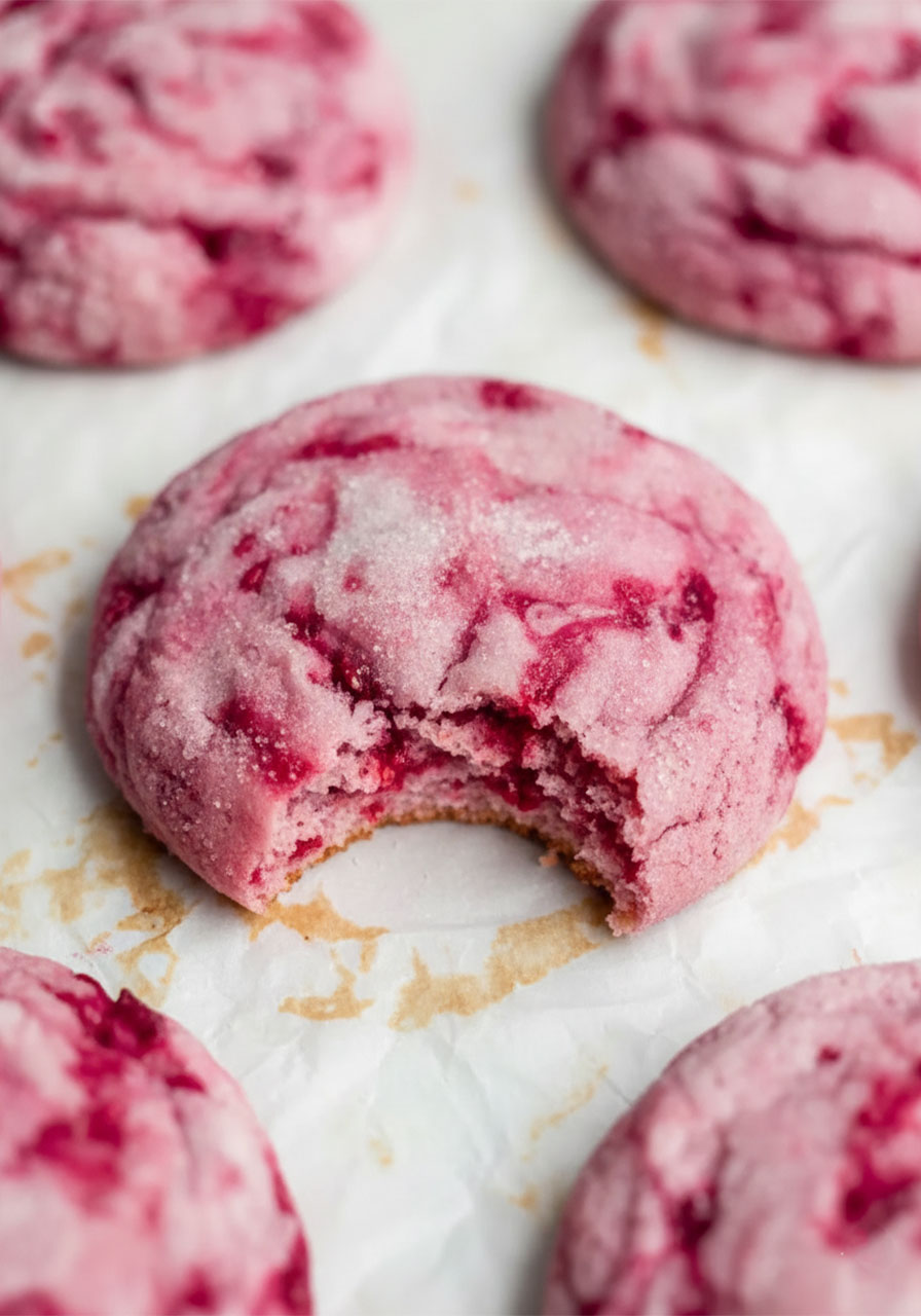Close-up of a soft gluten-free raspberry sugar cookie with a bite taken out showing the fluffy pink interior