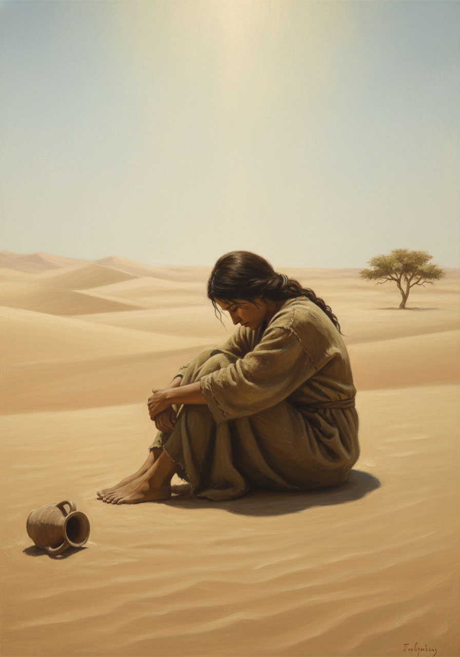 Hagar sitting alone in the desert with an empty water jug in a moving biblical illustration of God seeing the unseen
