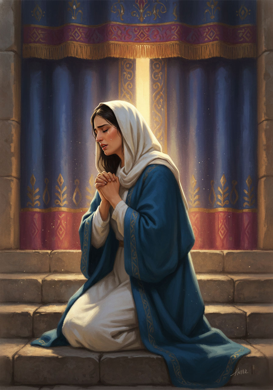 Hannah kneeling in prayer at the tabernacle in a biblical illustration of her faithful prayer for a son