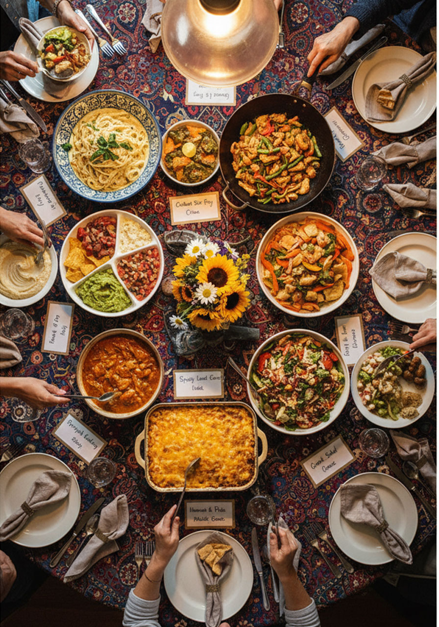 Diverse potluck dinner spread at a women's ministry international food night