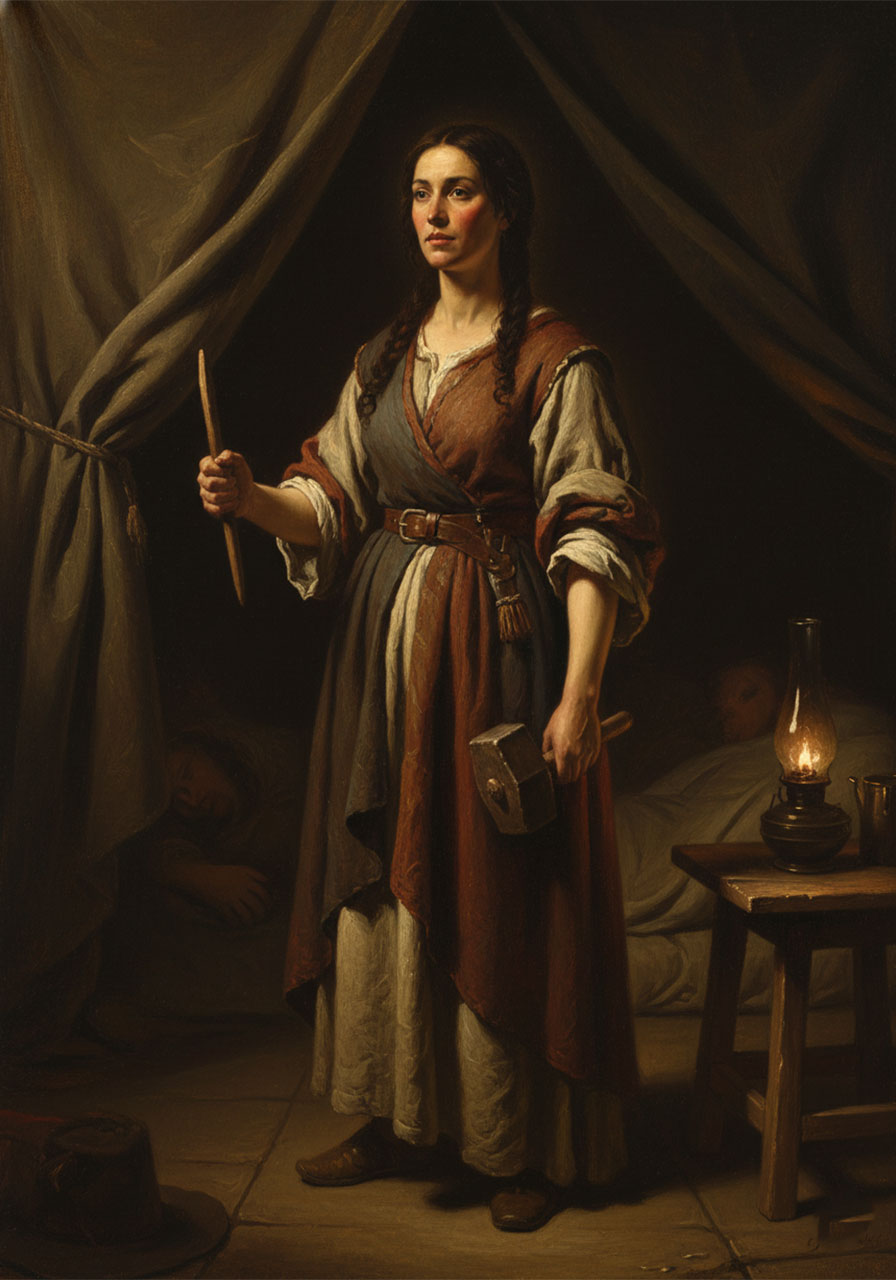 Jael the courageous Bible woman holding a tent peg inside her tent in a dramatic biblical historical illustration