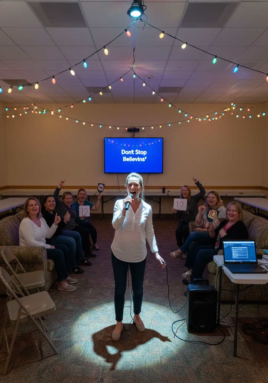 Woman singing karaoke at a joyful church ladies night ministry event