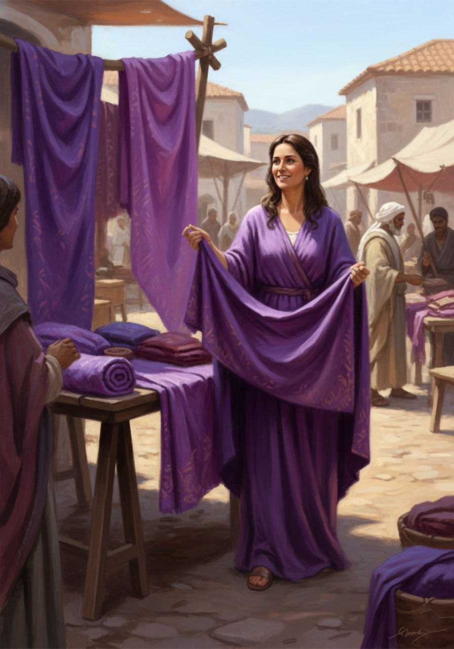 Lydia the seller of purple fabric at her marketplace stall in a biblical illustration of the first European Christian convert