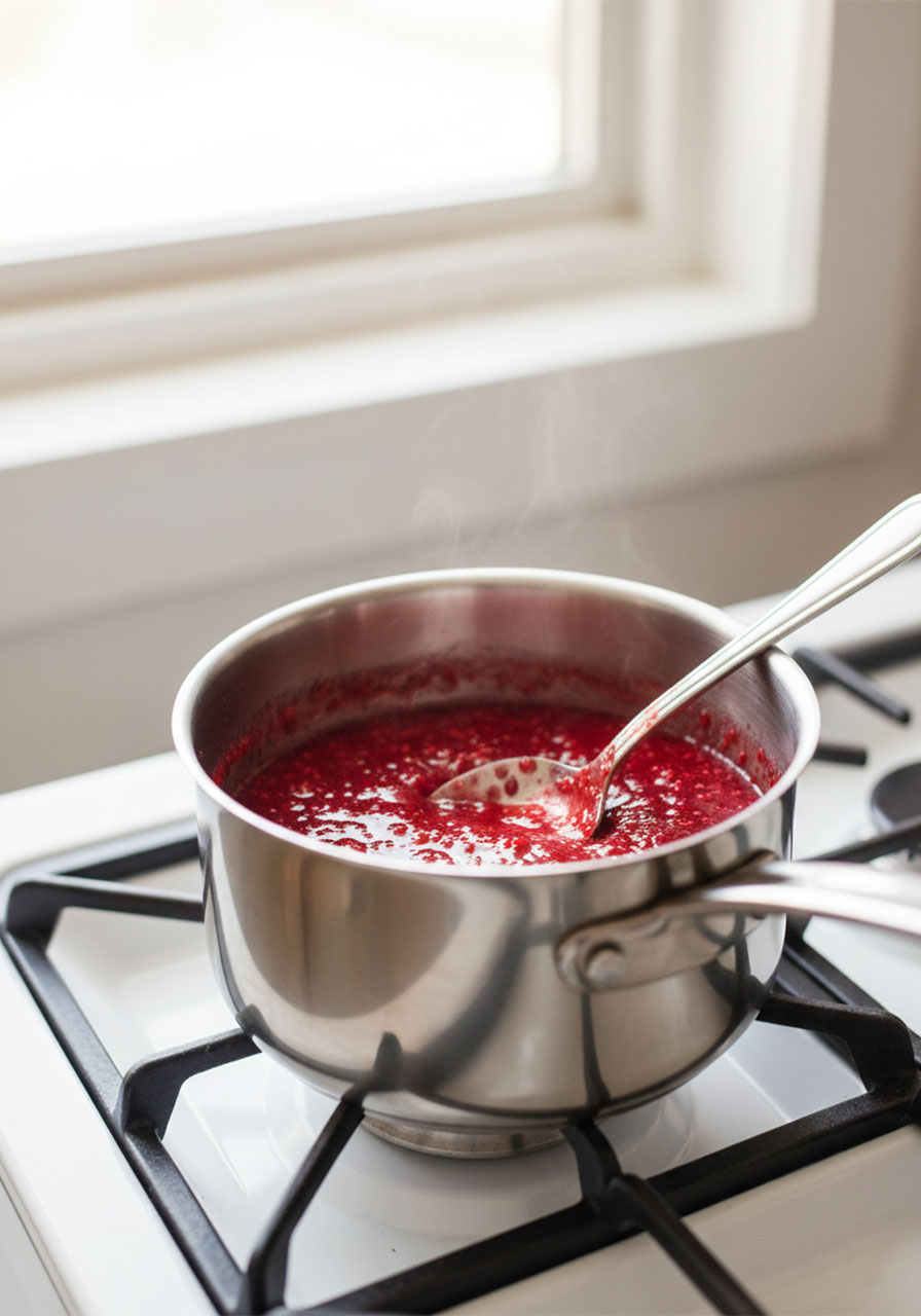Homemade raspberry syrup bubbling in a saucepan on the stove for raspberry cookie dough