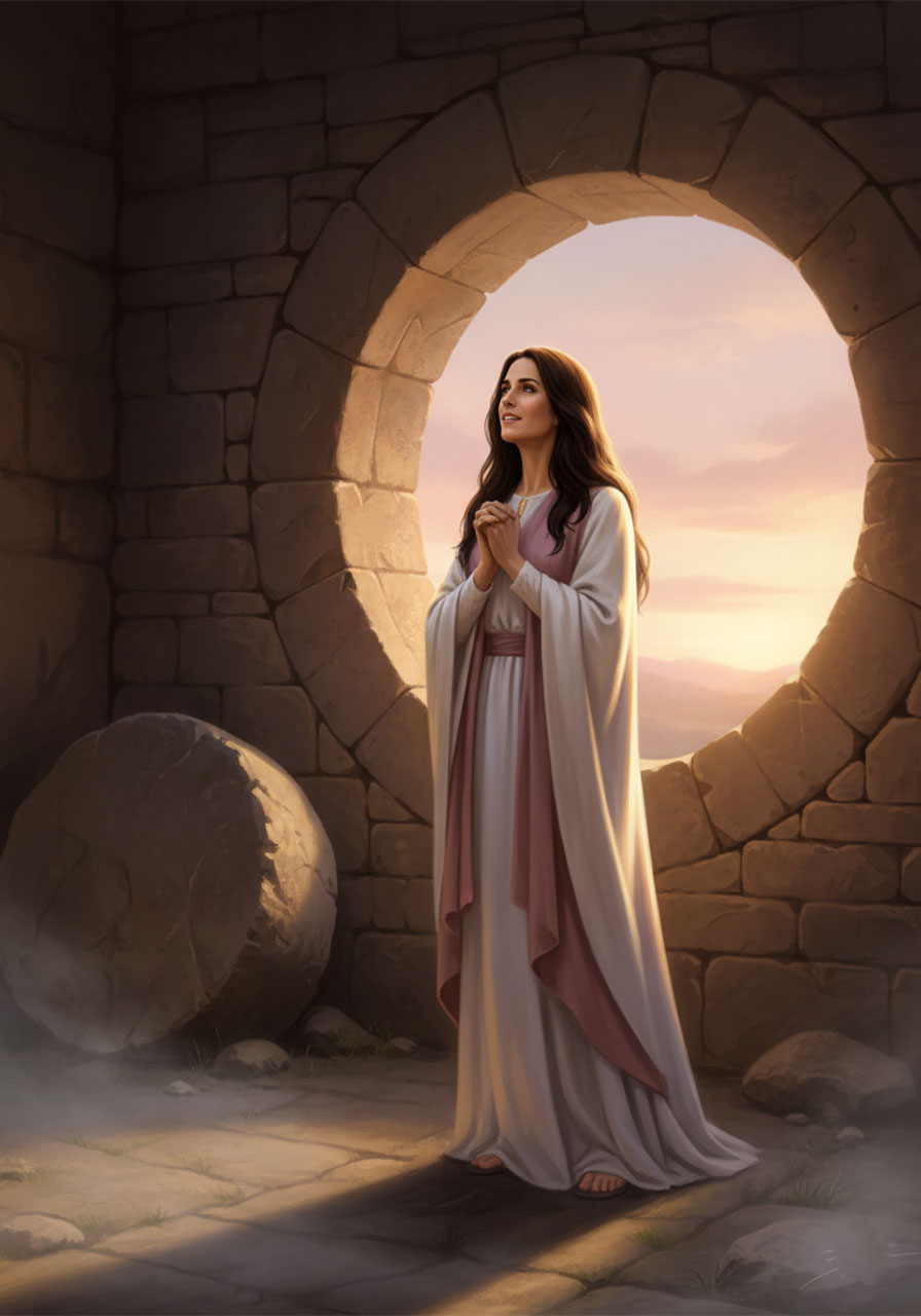 Mary Magdalene standing at the empty tomb at dawn in a biblical painting of the first witness of the resurrection