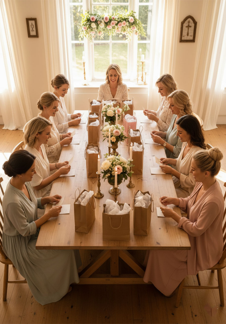 Group of diverse women sharing blessings at a decorated faith-filled party table with flowers and gift bags