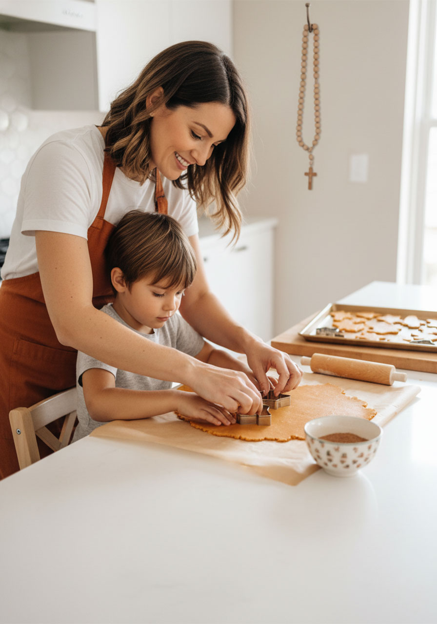 A mother and child pressing Halloween cookie cutters into vegan pumpkin spice cookie dough together in a bright kitchen