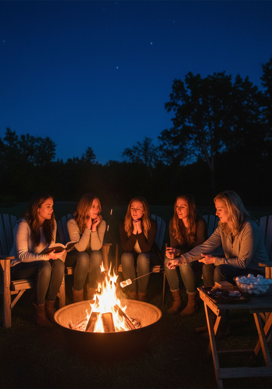 Christian women gathered around an outdoor fire pit for s'mores and fellowship at a ladies night