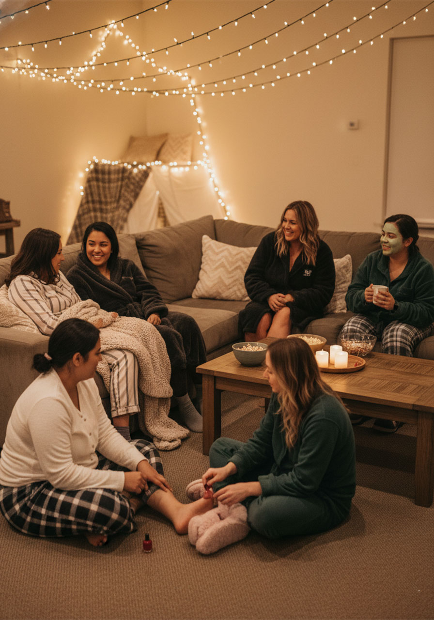 Christian women in pajamas having a cozy ladies night pajama party at church