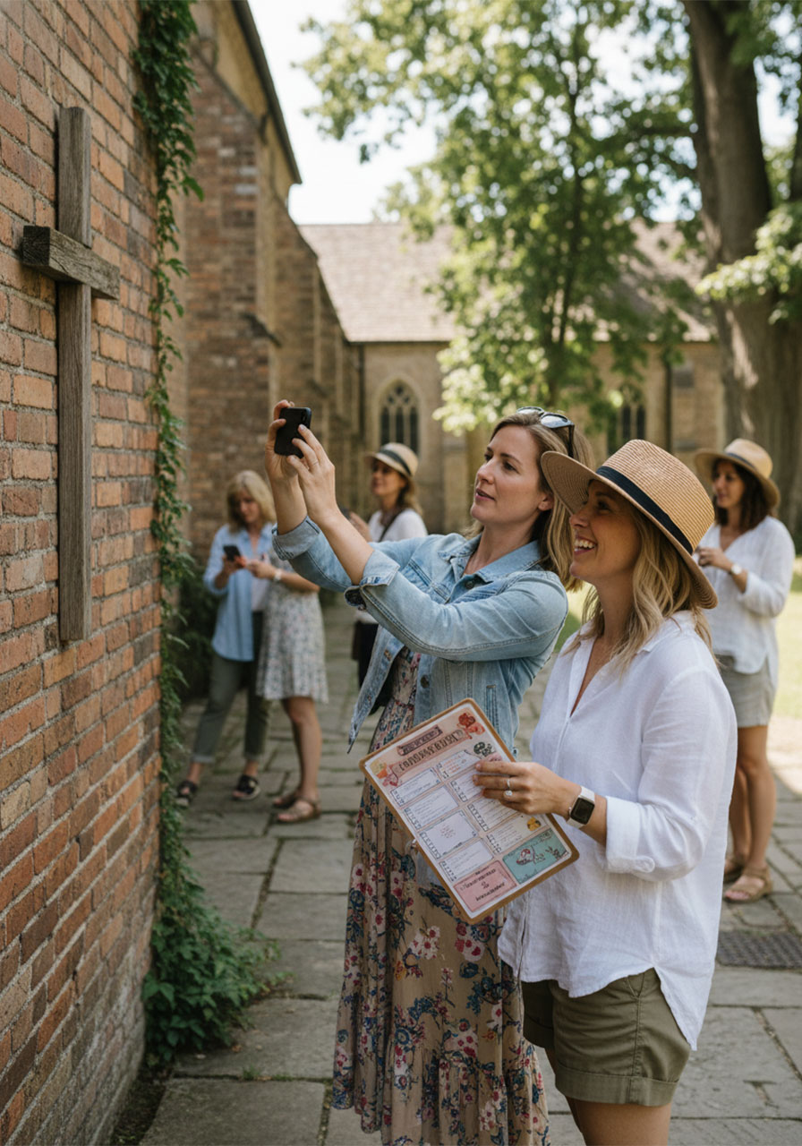 Women doing a faith-themed photo scavenger hunt at a church ladies night outdoor activity