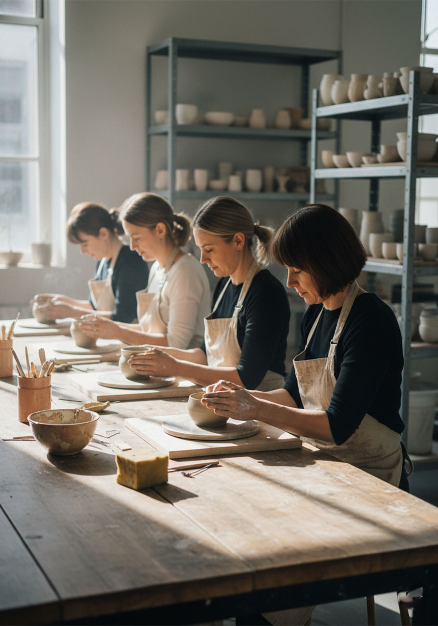 Women making pottery together at a Christian women's ministry craft night