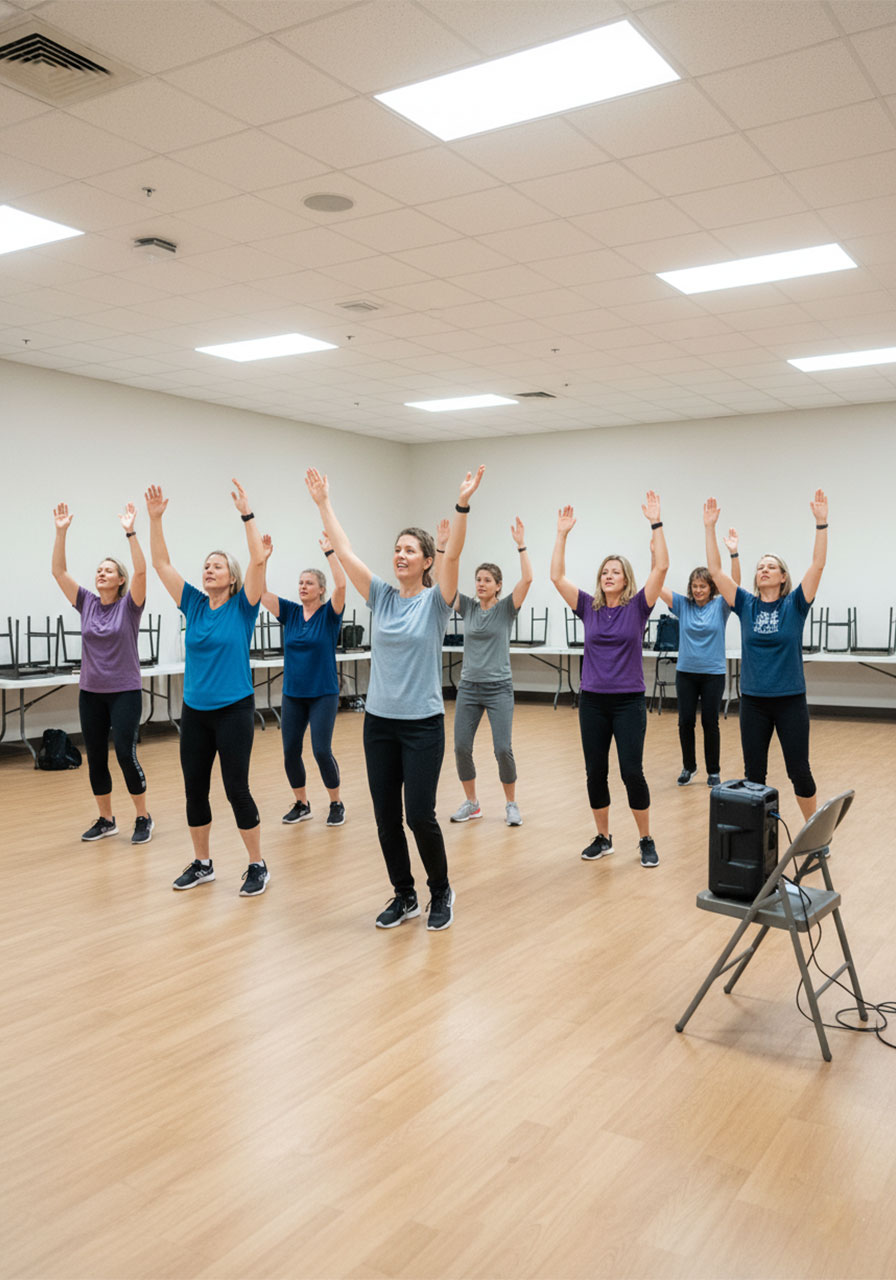Women doing praise dance fitness together at a Christian women's ministry wellness ladies night