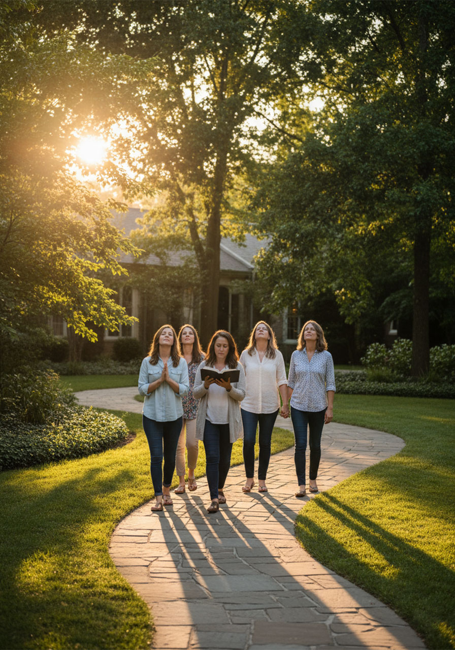 Christian women on an outdoor prayer walk together at a women's ministry ladies night activity