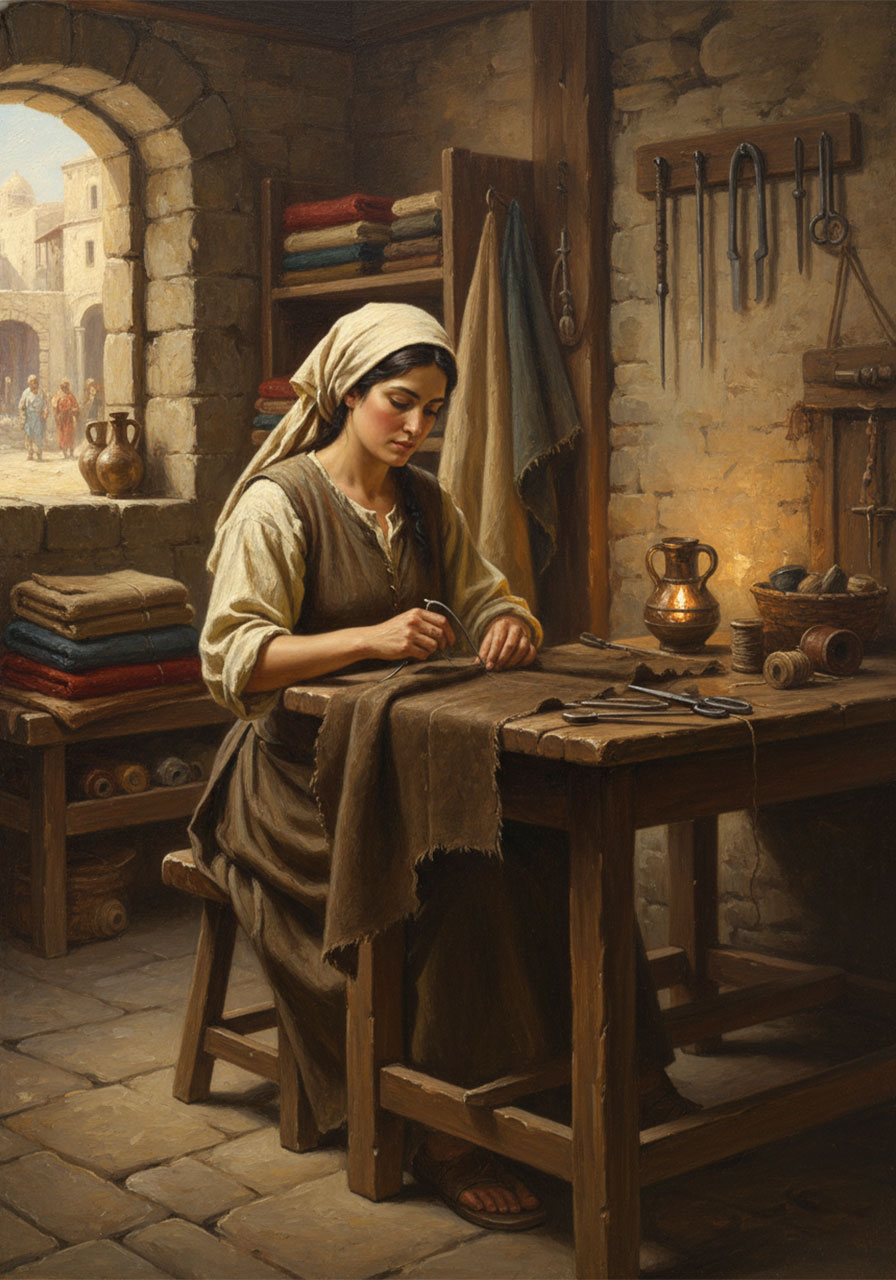 Priscilla the tentmaker of the early church stitching tent fabric in an ancient workshop biblical illustration