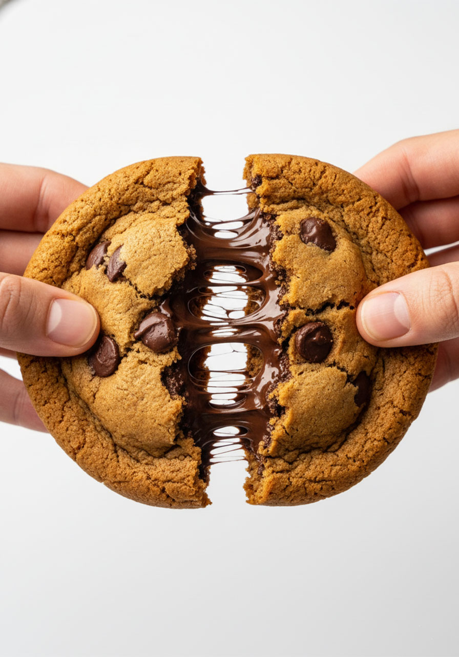 Two hands pulling apart a vegan chocolate chip cookie revealing a soft gooey center with melted chocolate