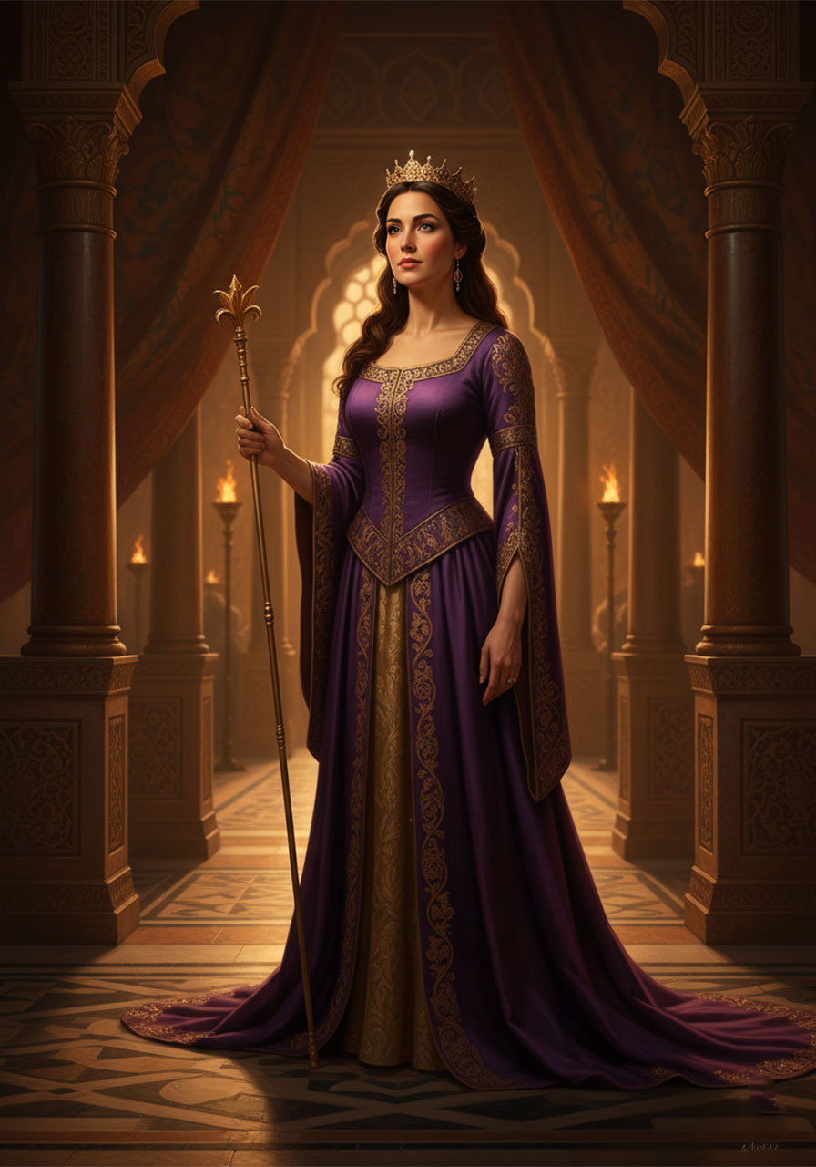 Queen Esther in royal purple gown holding golden scepter in a Persian palace biblical portrait illustration