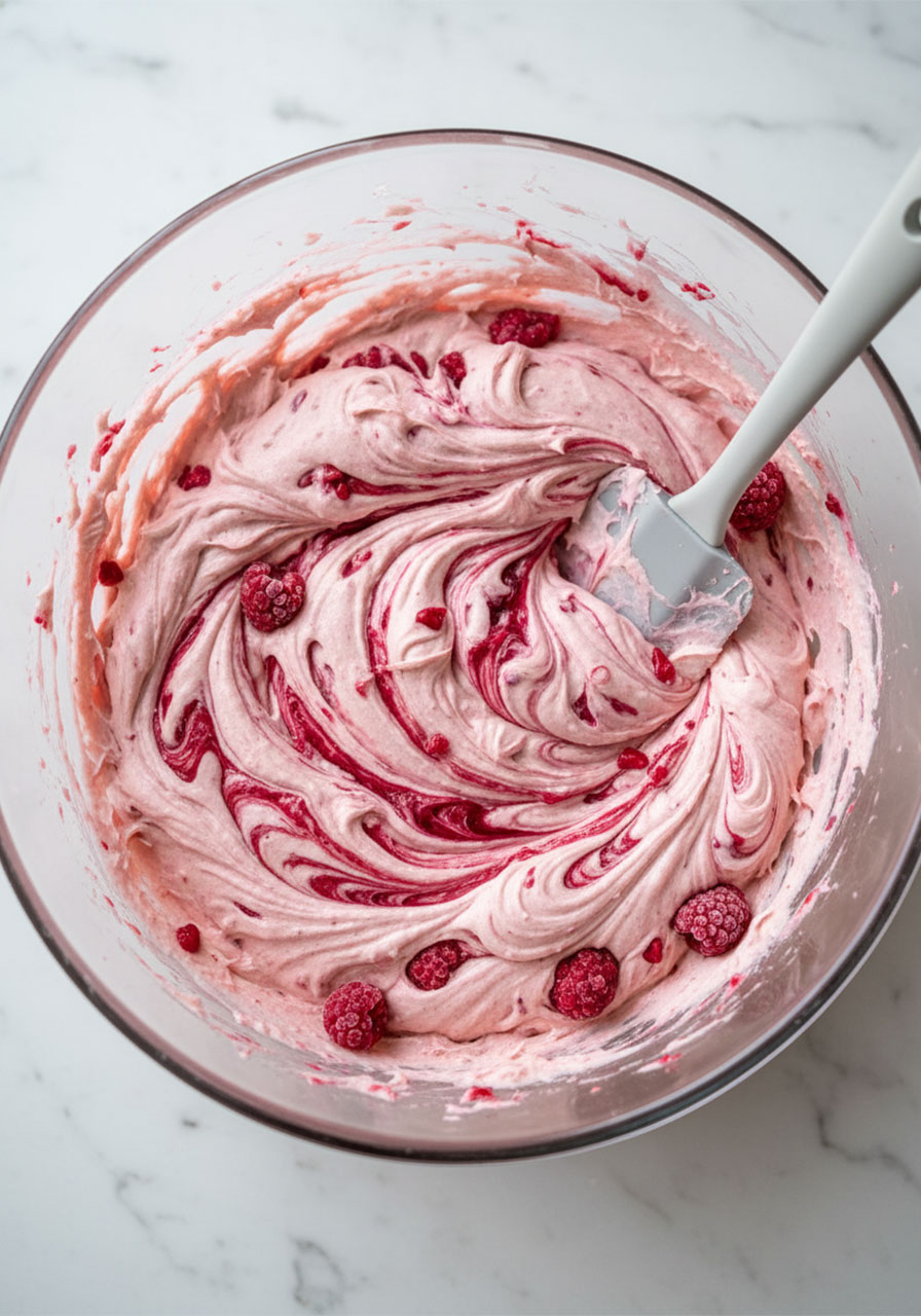Marbled pink raspberry cookie dough with crimson swirls in a glass mixing bowl ready to freeze