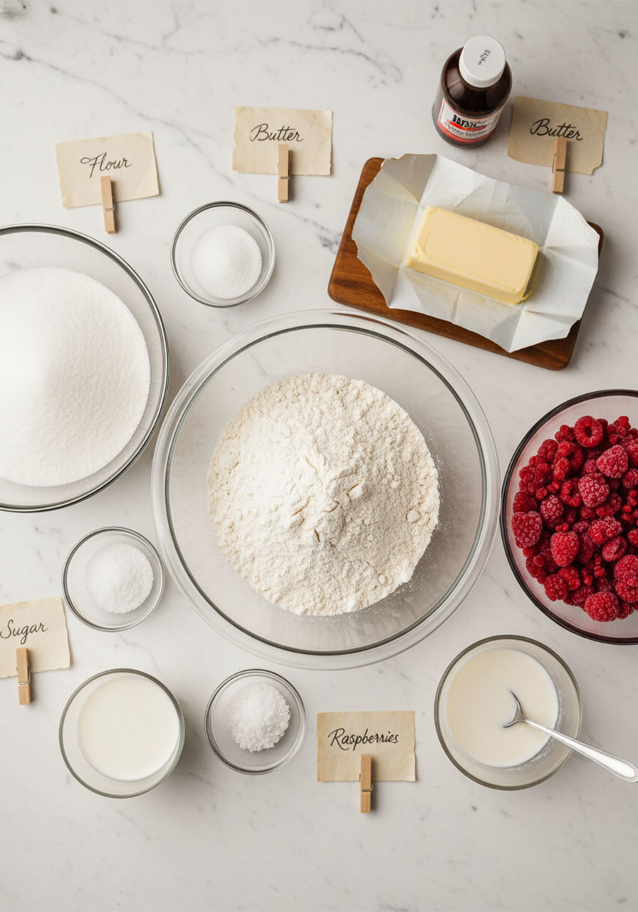 Ingredients for gluten-free vegan raspberry cookies including frozen raspberries, gluten-free flour, butter, sugar, and cornstarch laid out on marble