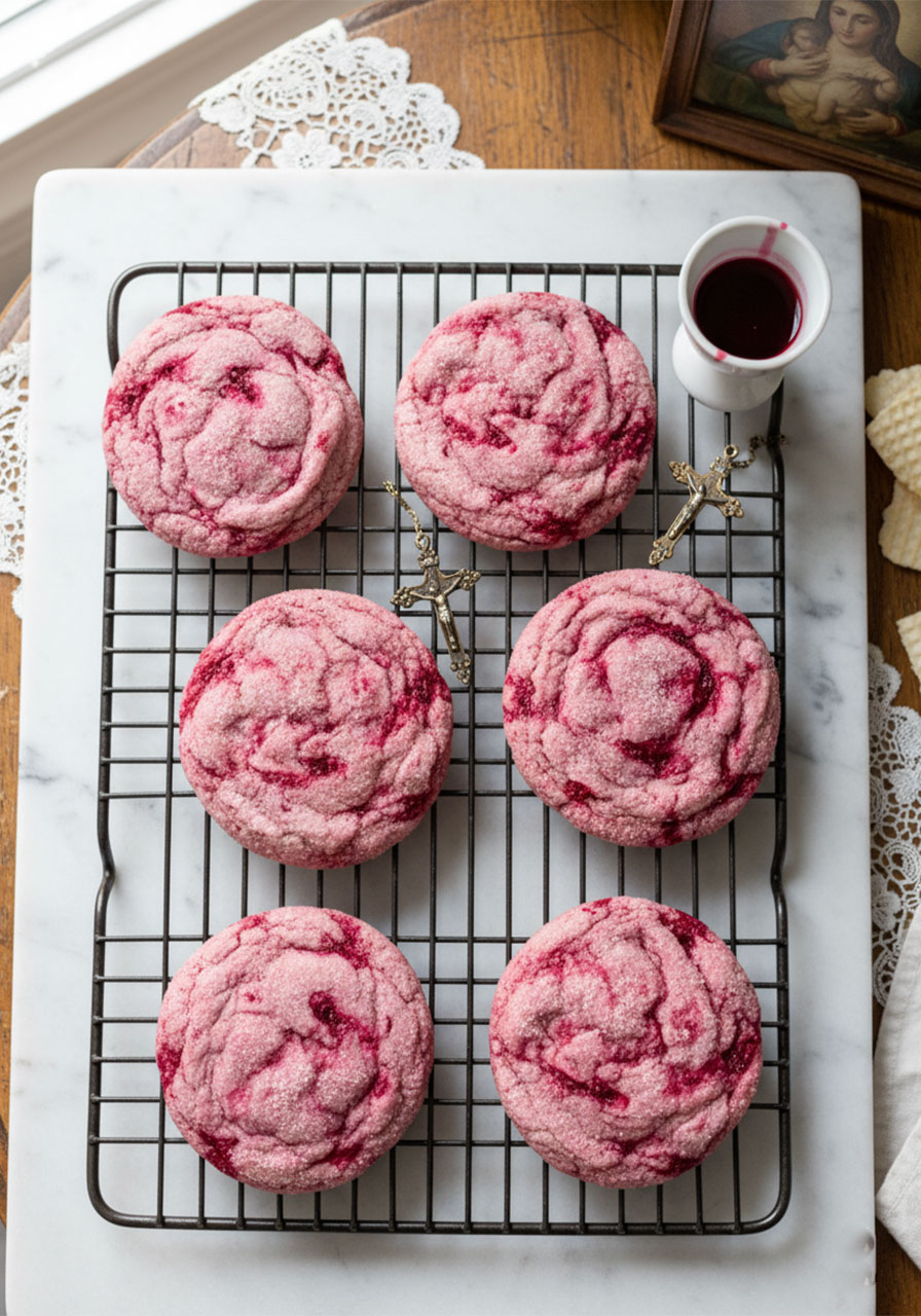 Soft and chewy gluten-free raspberry cookies on a cooling rack, coated in sugar with crimson raspberry swirls