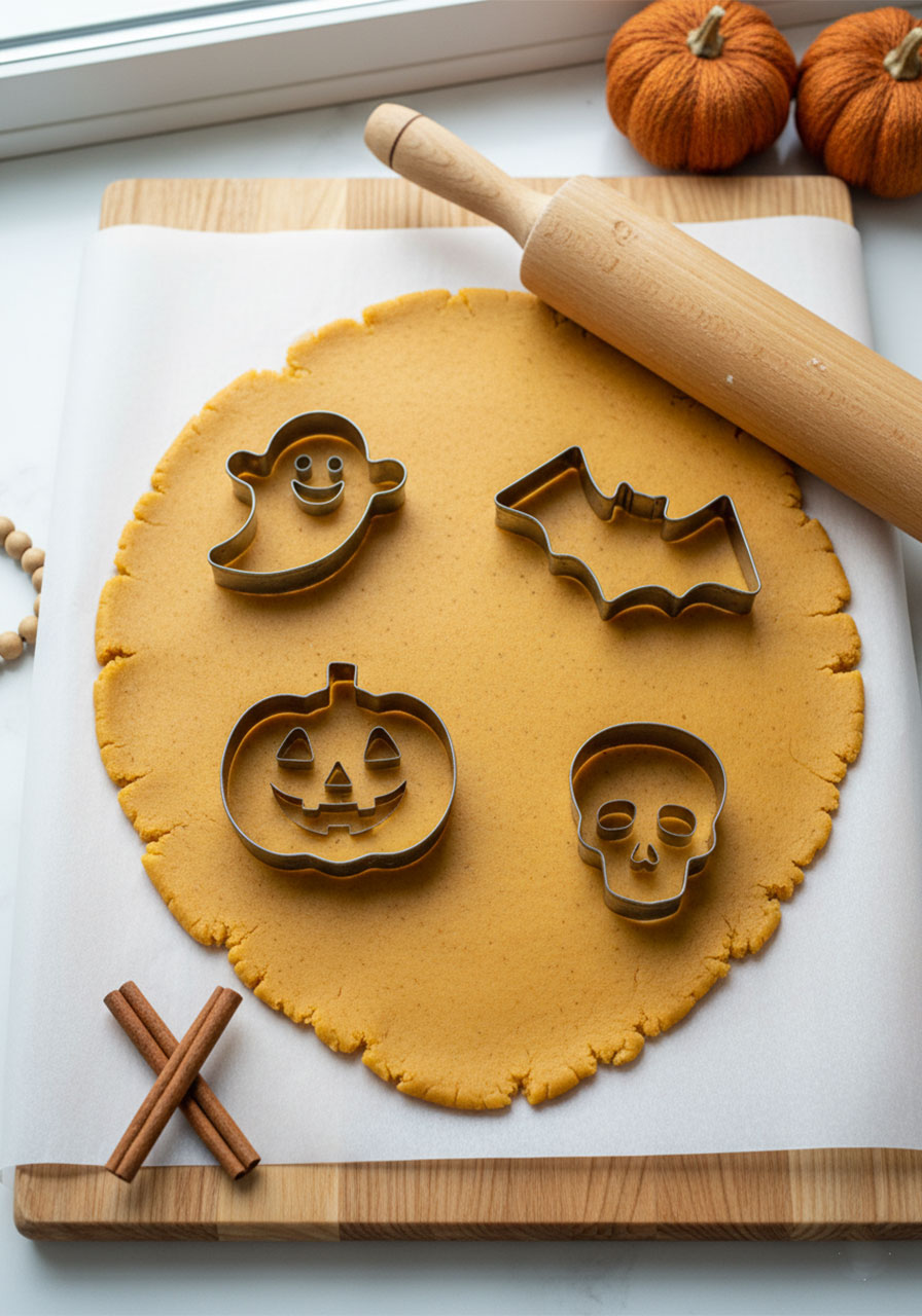 Vegan pumpkin cookie dough rolled flat on parchment paper with Halloween cookie cutters including ghost and jack-o-lantern shapes
