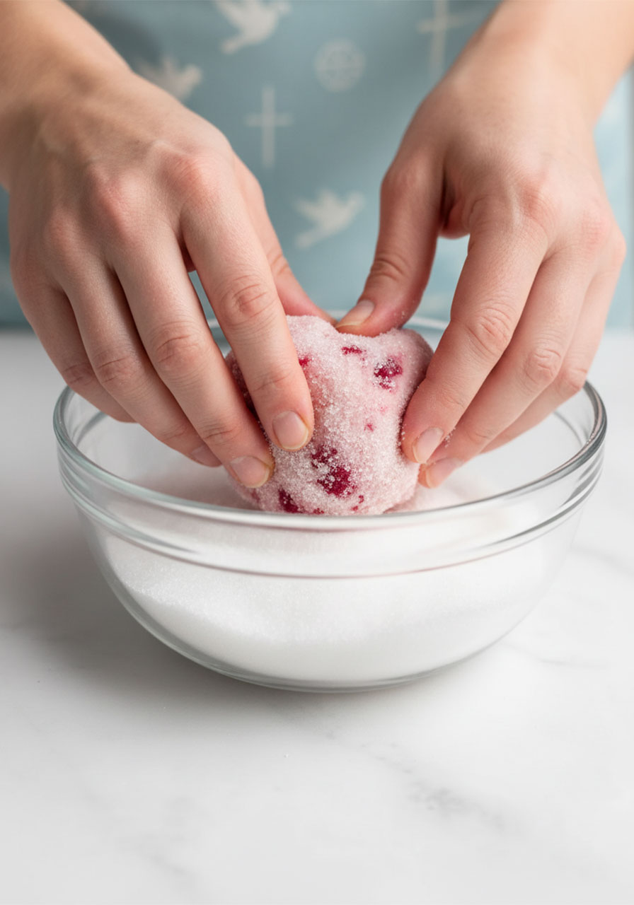 Hands rolling a pink raspberry cookie dough ball in granulated sugar before baking
