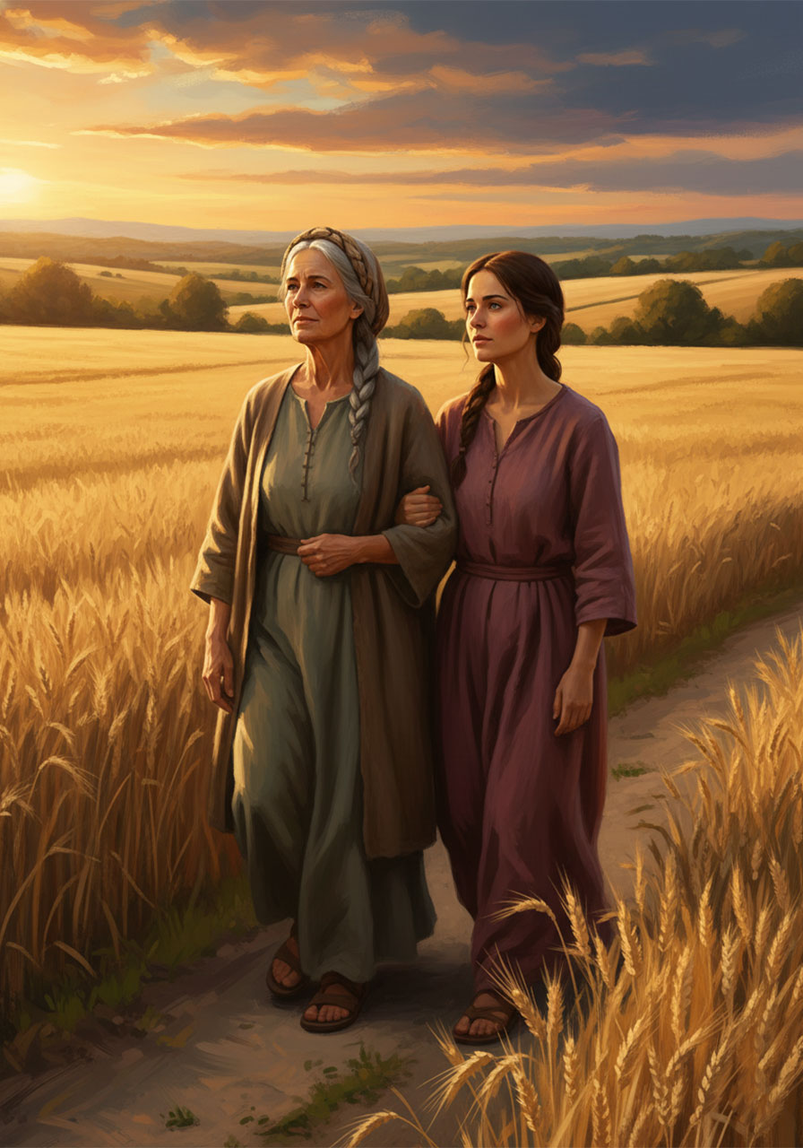Ruth and Naomi walking together through golden wheat fields in a painterly biblical illustration of devotion and loyalty