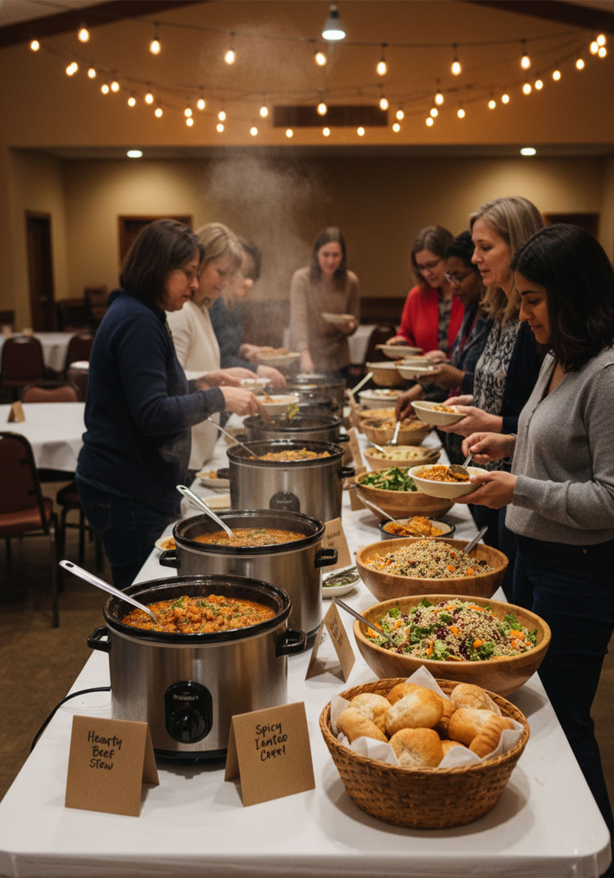 Church ladies enjoying a healthy soup and salad supper at a women's ministry fellowship night