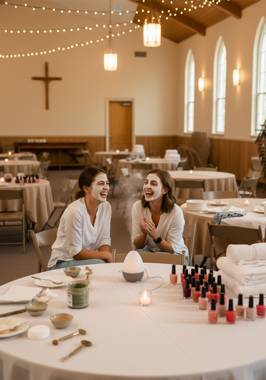 Women enjoying a spa night at a church ladies ministry event with face masks and nail care