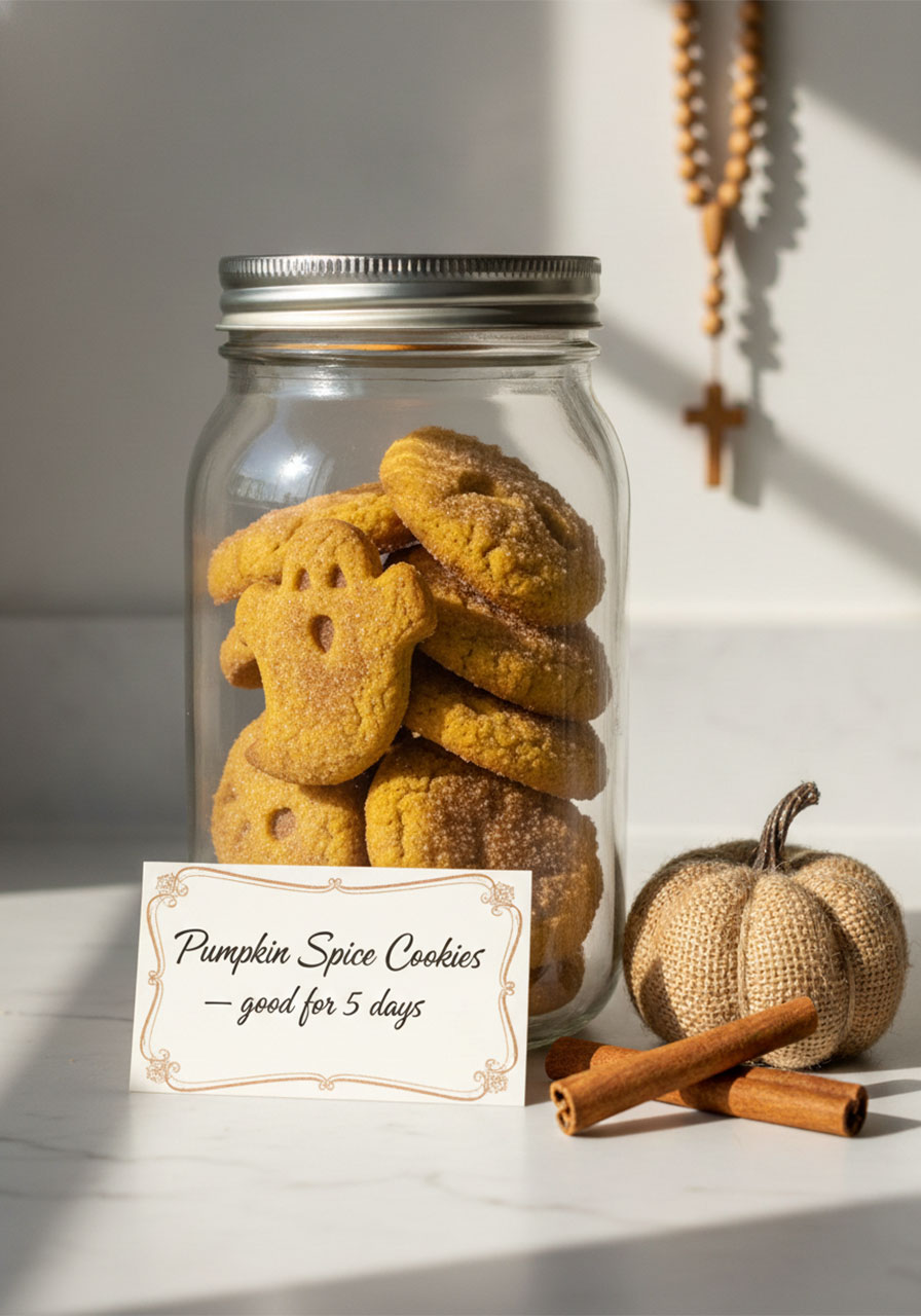 Vegan pumpkin spice cookies stored in a clear glass airtight jar on a marble counter with a label showing 5 day storage tip