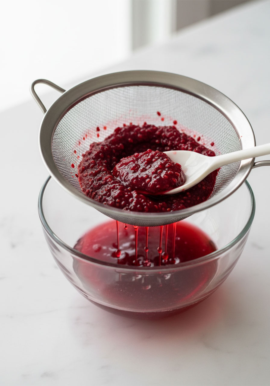 Straining homemade raspberry syrup through a fine mesh sieve into a glass bowl for gluten-free raspberry cookies