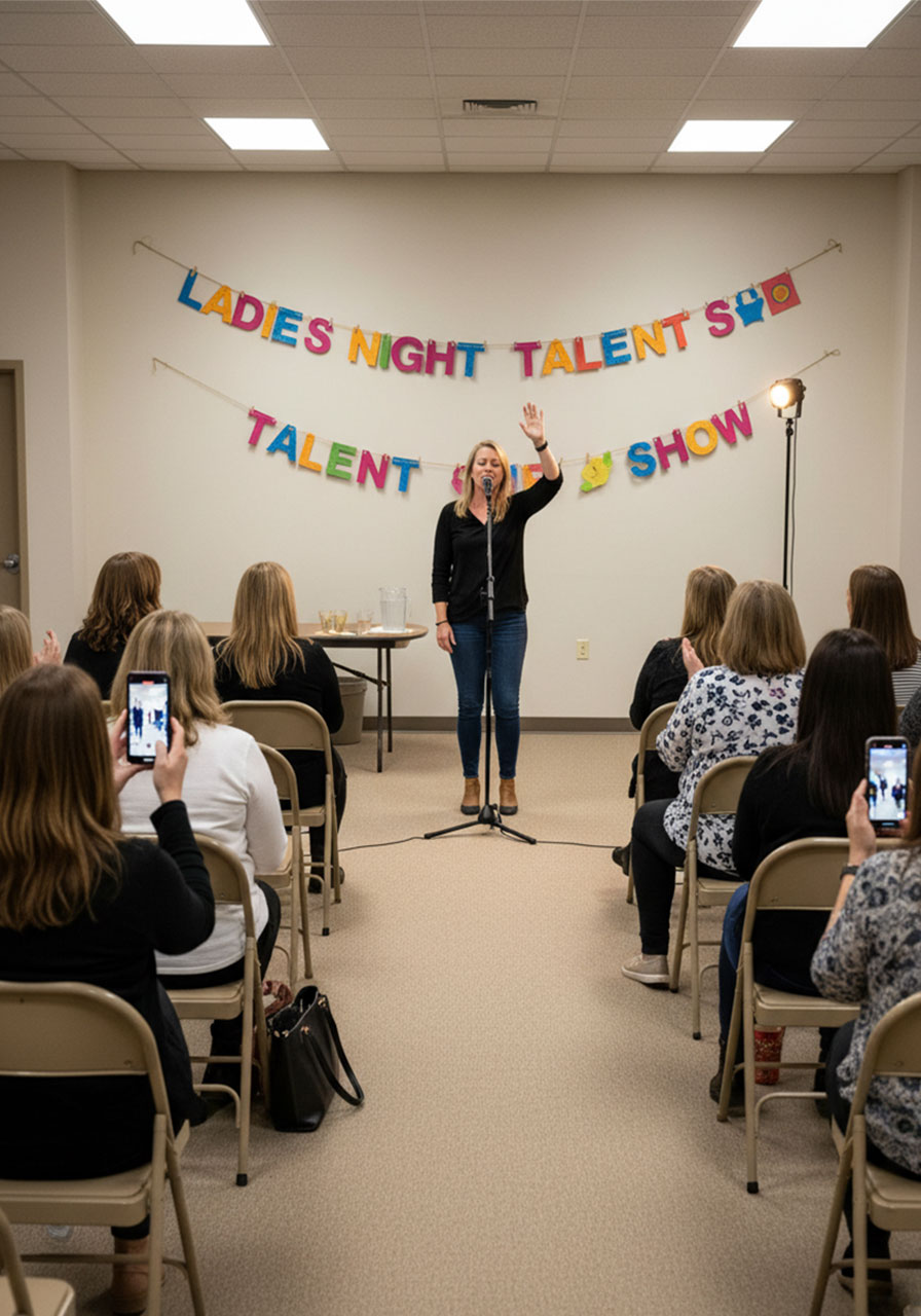 Woman performing at a church ladies night talent show at a women's ministry event