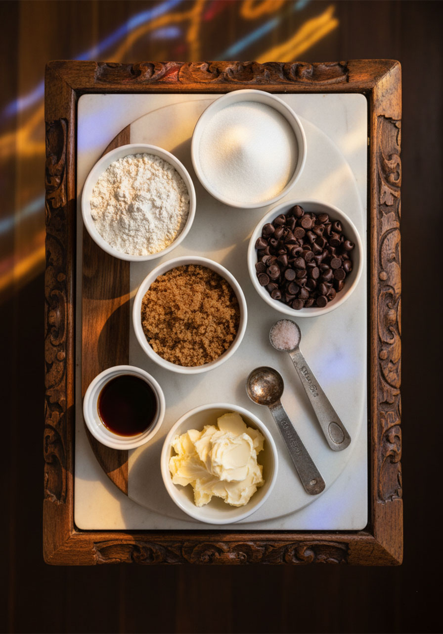 Overhead flat lay of all vegan chocolate chip cookie ingredients including vegan butter, brown sugar, flour, and dairy-free chocolate chips