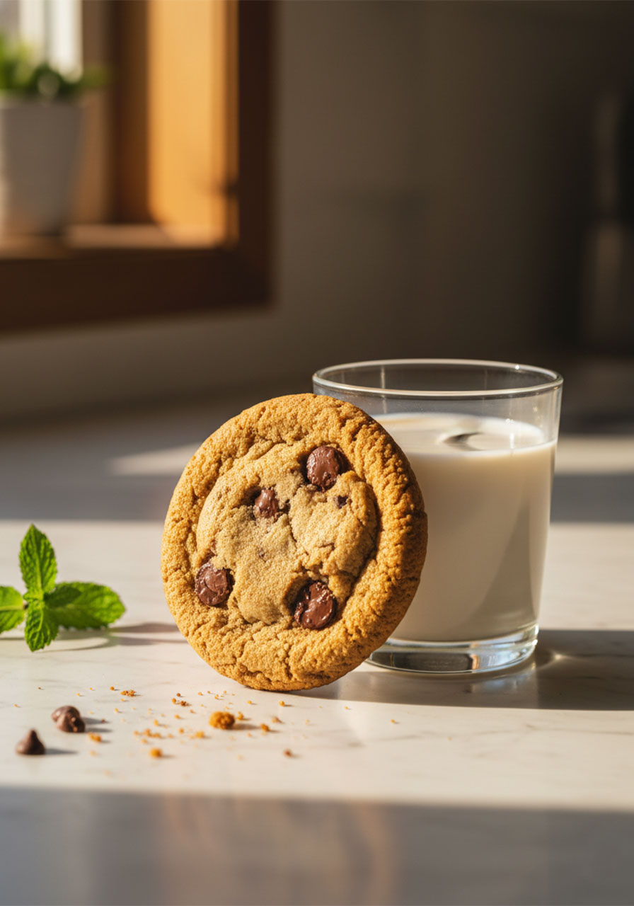 A warm chewy vegan chocolate chip cookie leaning against a glass of oat milk on a white marble surface