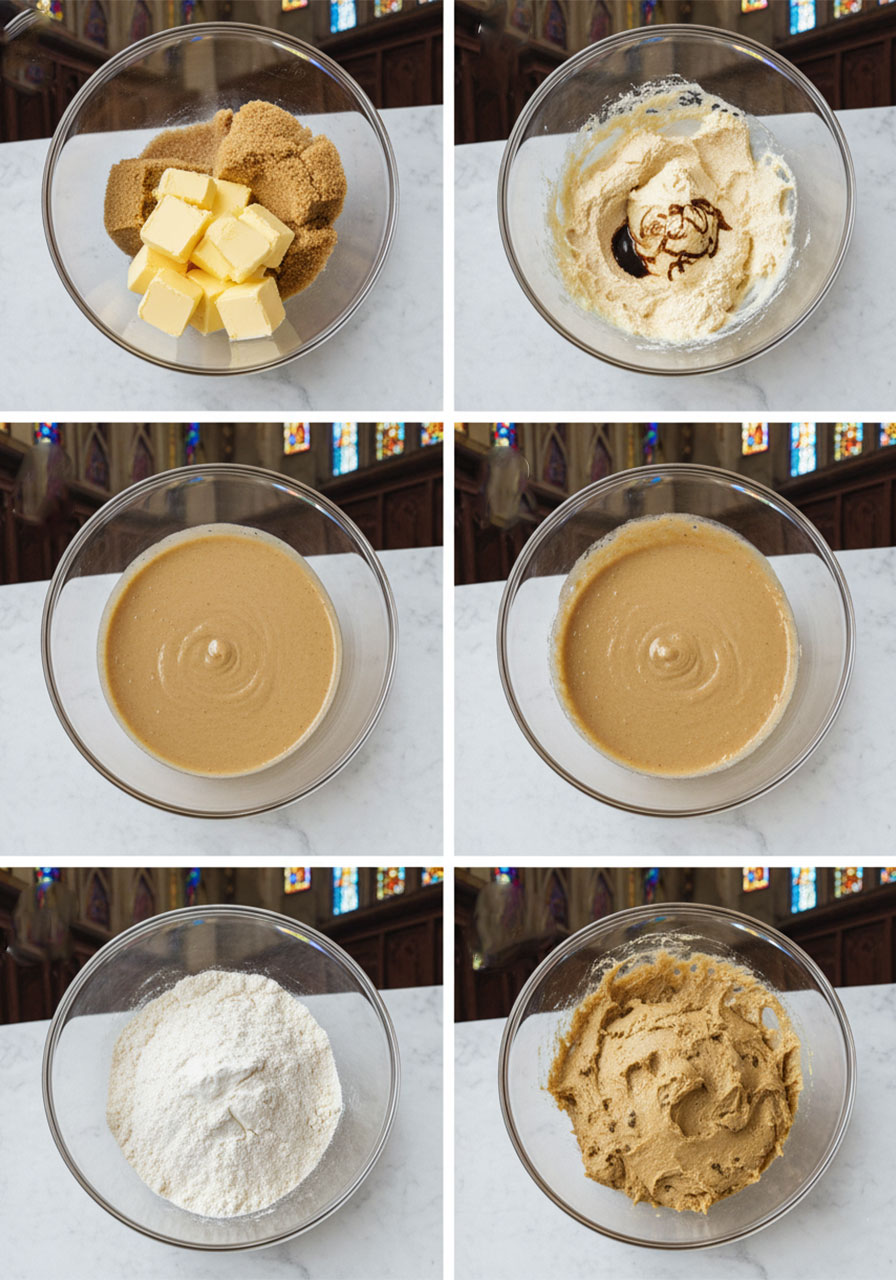 Step-by-step process photos showing how to make vegan chocolate chip cookie dough in six stages