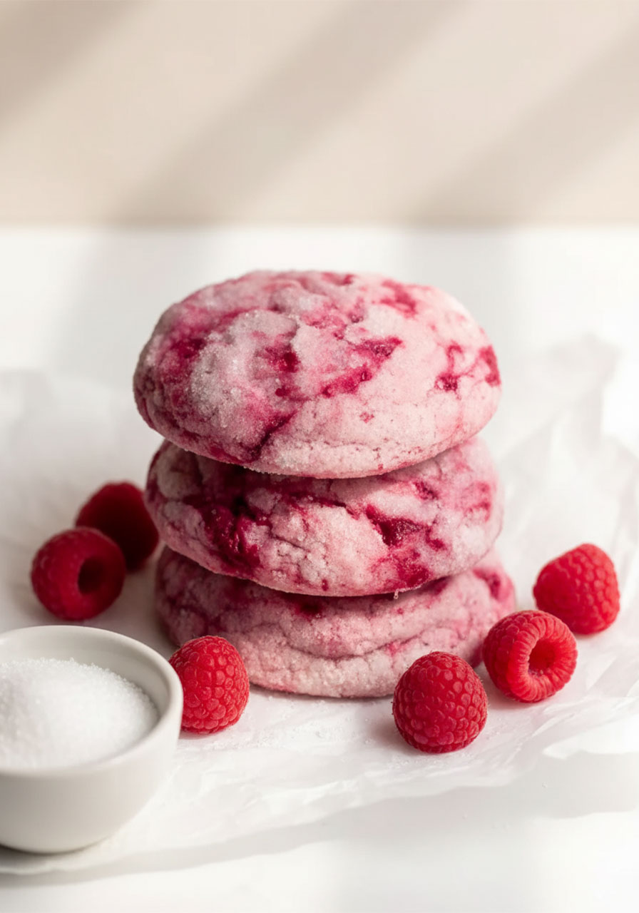 Stack of soft vegan gluten-free raspberry sugar cookies with real raspberry swirls, coated in granulated sugar