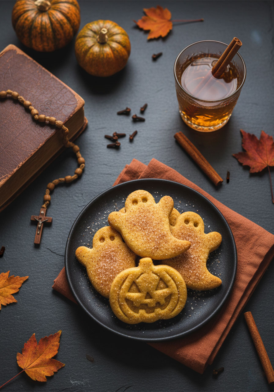 Styled overhead shot of vegan Halloween pumpkin spice cookies shaped as ghosts and jack-o-lanterns with mini pumpkins and cinnamon sticks for autumn
