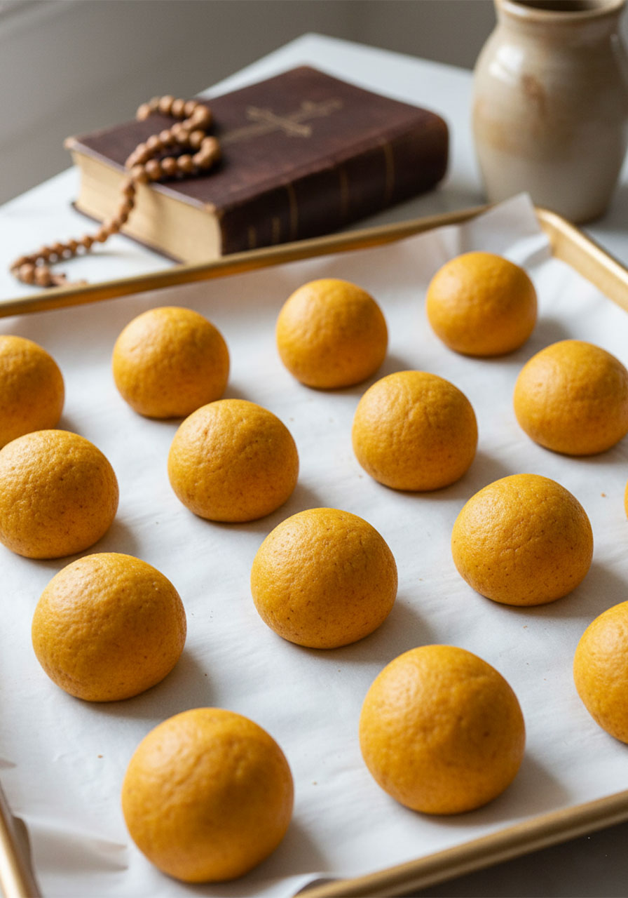 Round vegan pumpkin spice cookie dough balls arranged evenly on a parchment-lined gold baking sheet ready to bake