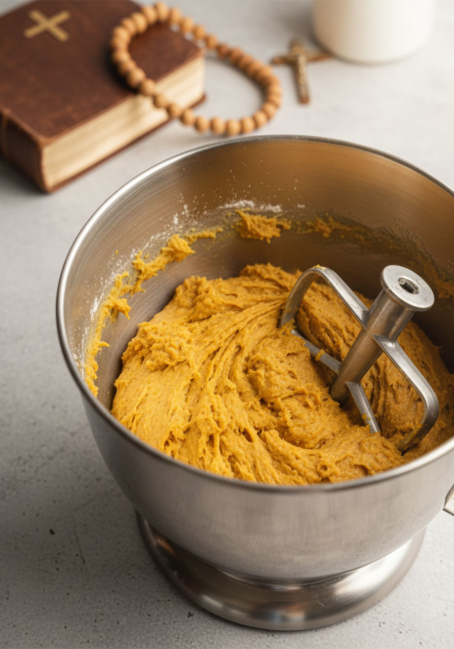 Freshly mixed vegan pumpkin spice cookie dough in a stainless steel mixing bowl showing thick orange dough texture