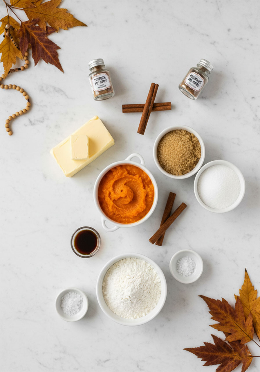 All ingredients for vegan pumpkin spice cookies laid out flat including pumpkin puree, vegan butter, sugars, flour, and pumpkin pie spice