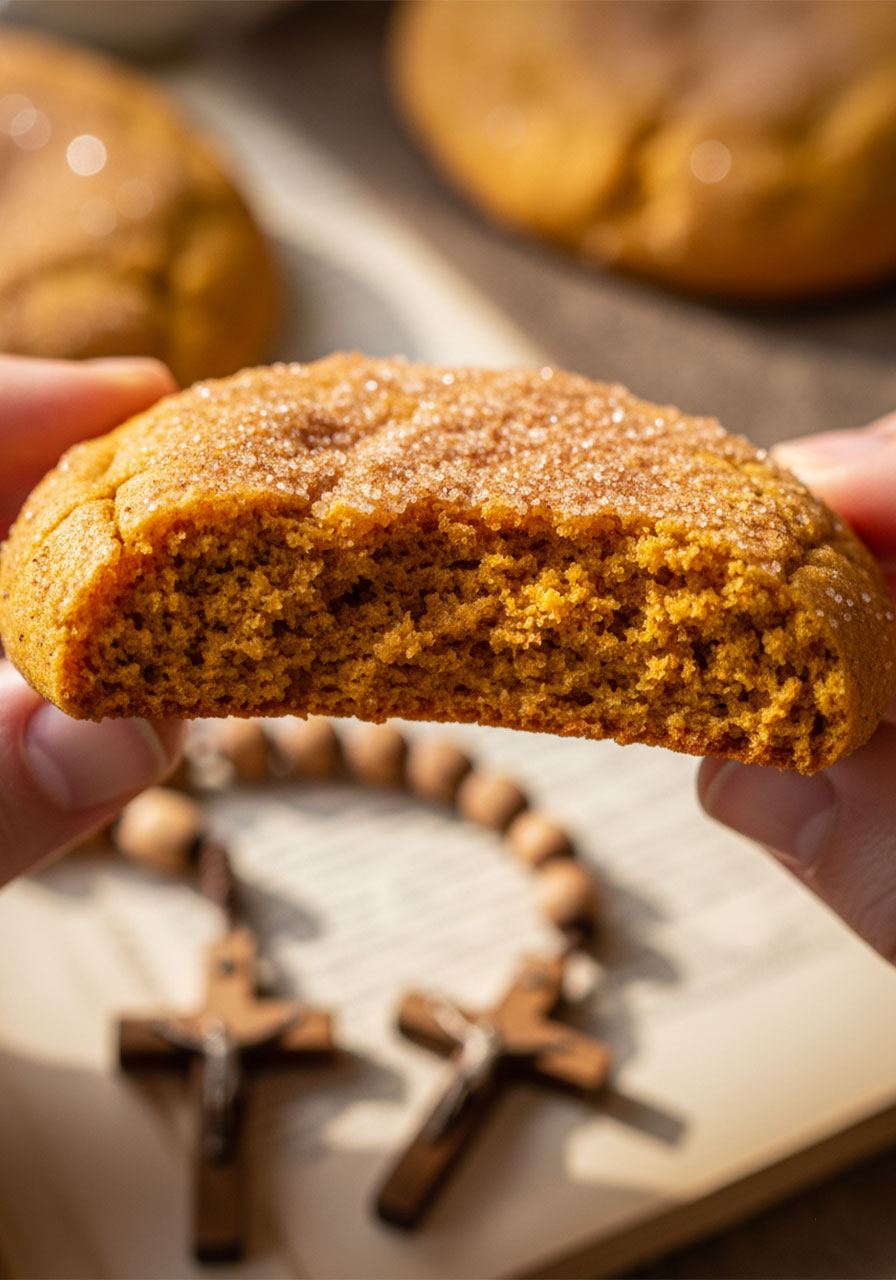 Close-up cross-section of a broken soft vegan pumpkin spice cookie showing moist golden interior crumb and cinnamon sugar top