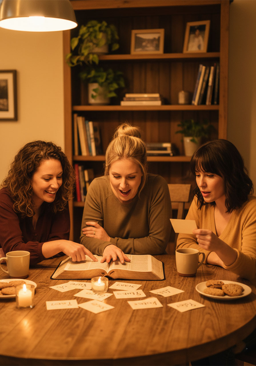 Three Christian women gathered around an open Bible playing women of the Bible trivia at a cozy home table