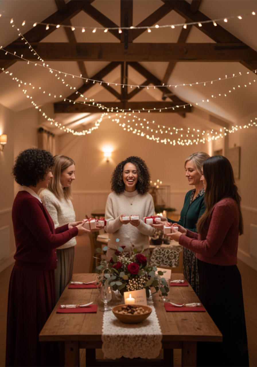 Women in a circle exchanging small blessing gifts at a Christian women's gathering with fairy lights