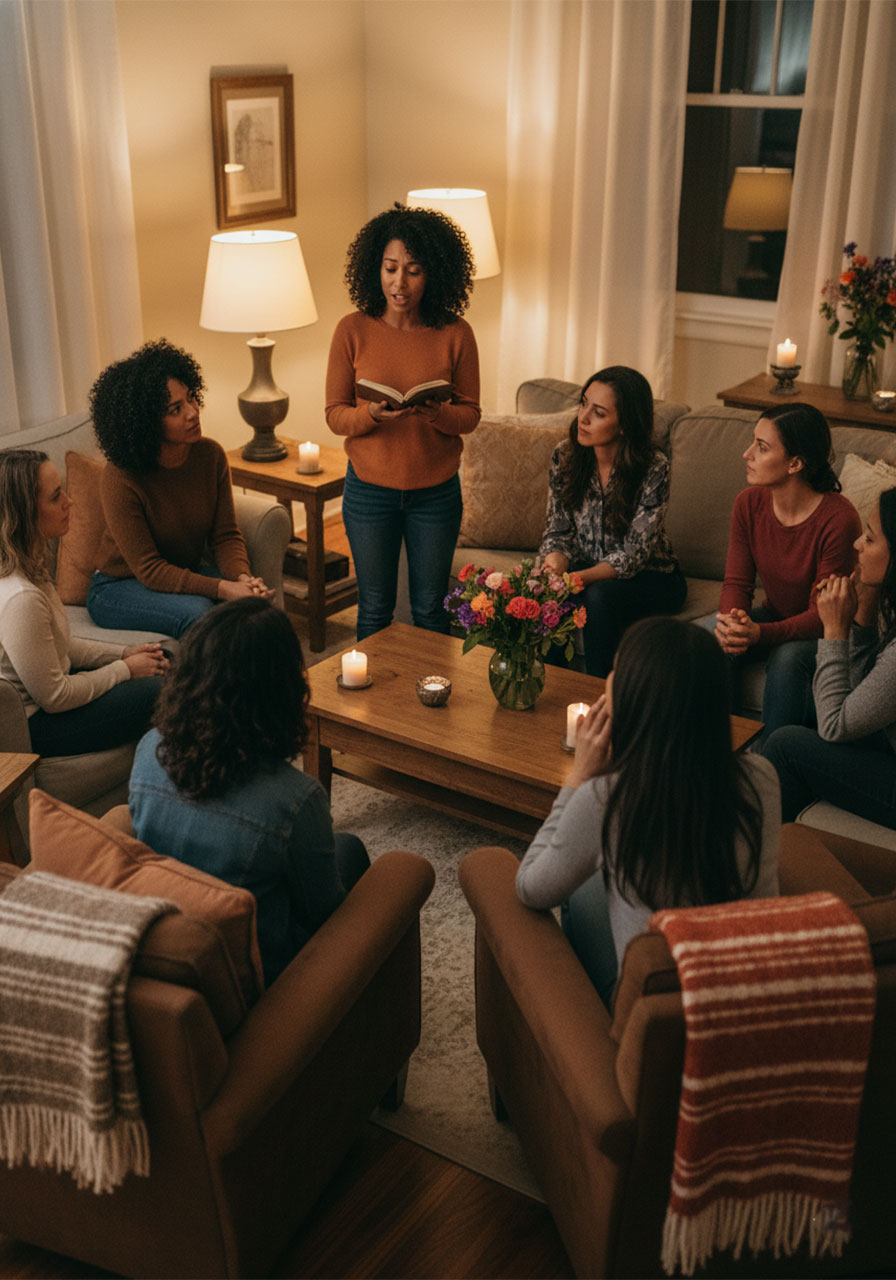 Women gathered in a circle listening attentively during a testimony sharing moment at a Christian women's party