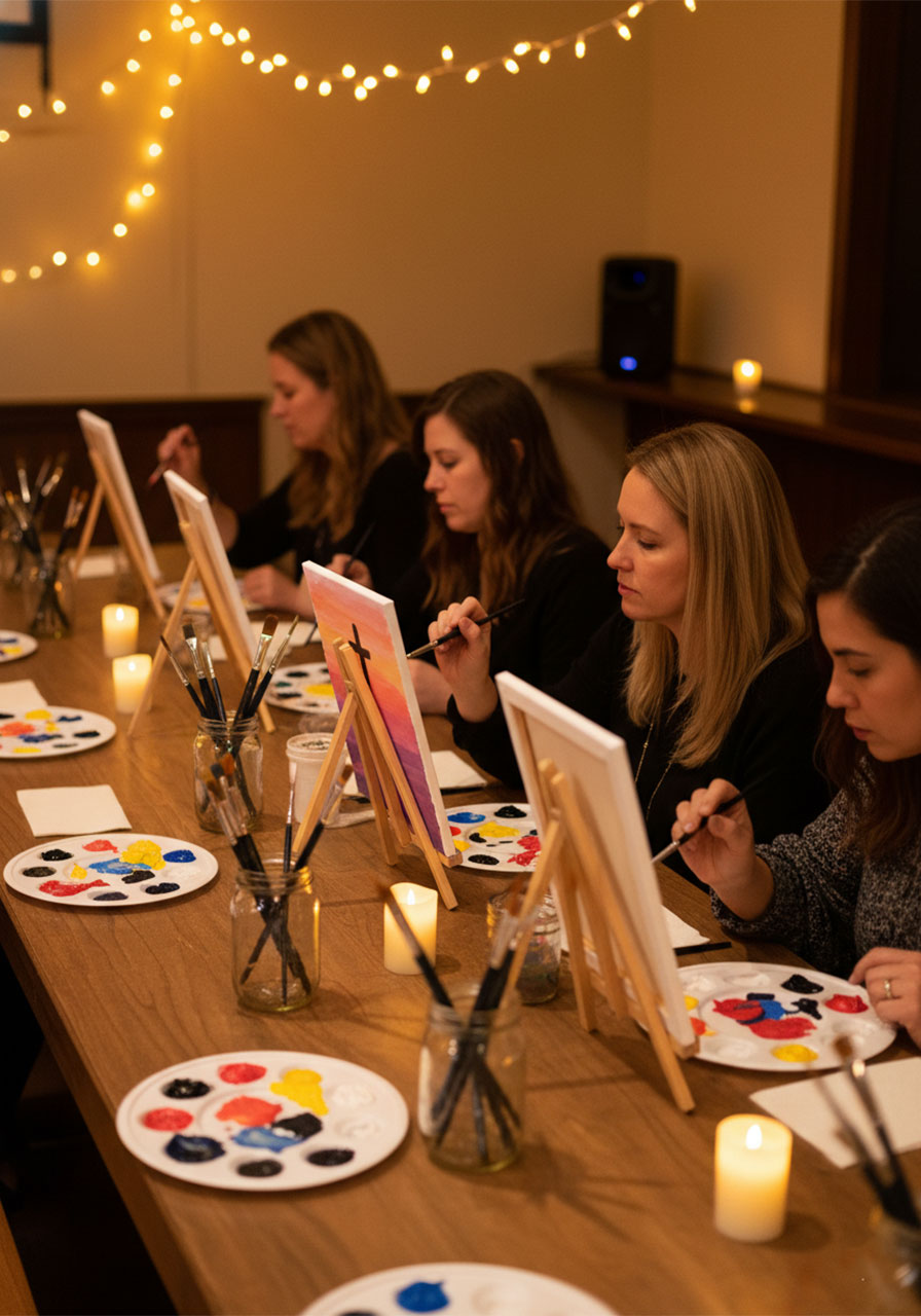 Christian women painting canvases during a worship painting night at women's ministry