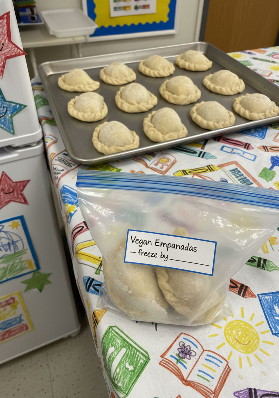 Unbaked vegan empanadas on a freezer tray beside a labeled freezer bag for easy meal prep storage
